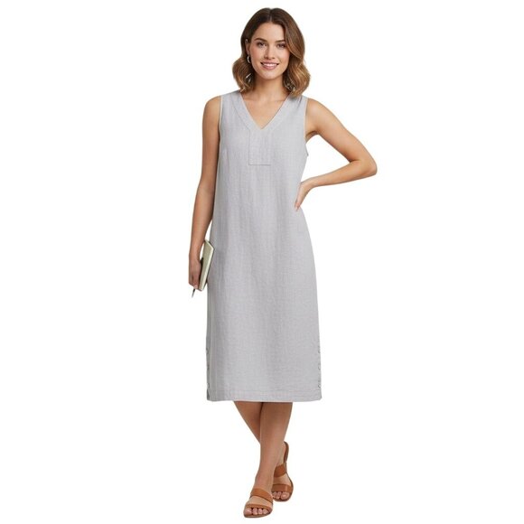 Tahari 100% Linen Beige Square Button Detail Sleeveless Sheath Dress Size L - Picture 1 of 10